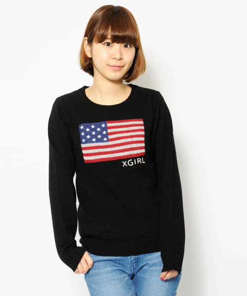 X-girl（エックスガール）の「STARS STRIPES KNIT TOP（ニット/セーター・レディース・ブラック/アッシュグレー/レッド・1/2）」の2枚目の写真