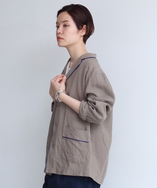 note et silence （ノートエシロンス）の「._◇et sort.ベルギーリネンキャンバス　パイピングシャツ（シャツ/ブラウス・レディース・ダークブラウン/アイボリー・FREE）」の16枚目の写真