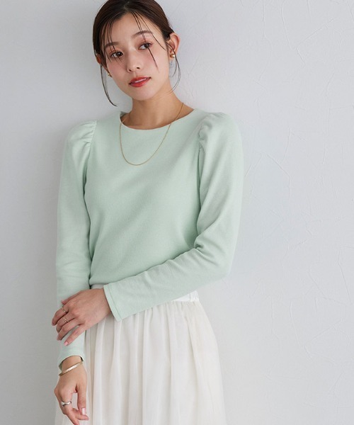 Pierrot（ピエロ）の「パフスリーブテレコリブカットソー（Tシャツ/カットソー・レディース・オフホワイト/ホワイト×ブラック/ブラック/ミント/サックスブルー/ネイビー/グリーン系その他/ブルー系その他/チャコールグレー・M/L）」の6枚目の写真