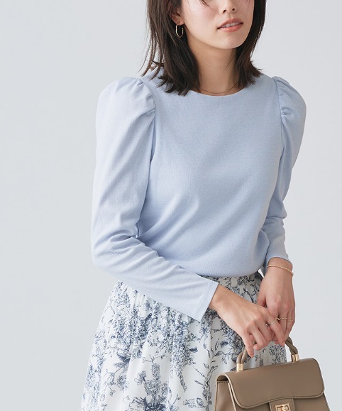 Pierrot（ピエロ）の「パフスリーブテレコリブカットソー（Tシャツ/カットソー・レディース・オフホワイト/ホワイト×ブラック/ブラック/ミント/サックスブルー/ネイビー/グリーン系その他/ブルー系その他/チャコールグレー・M/L）」の9枚目の写真