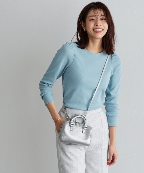 Pierrot（ピエロ）の「パフスリーブテレコリブカットソー（Tシャツ/カットソー・レディース・オフホワイト/ホワイト×ブラック/ブラック/ミント/サックスブルー/ネイビー/グリーン系その他/ブルー系その他/チャコールグレー・M/L）」の8枚目の写真