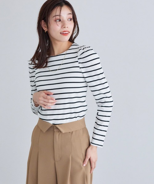 Pierrot（ピエロ）の「パフスリーブテレコリブカットソー（Tシャツ/カットソー・レディース・オフホワイト/ホワイト×ブラック/ブラック/ミント/サックスブルー/ネイビー/グリーン系その他/ブルー系その他/チャコールグレー・M/L）」の16枚目の写真