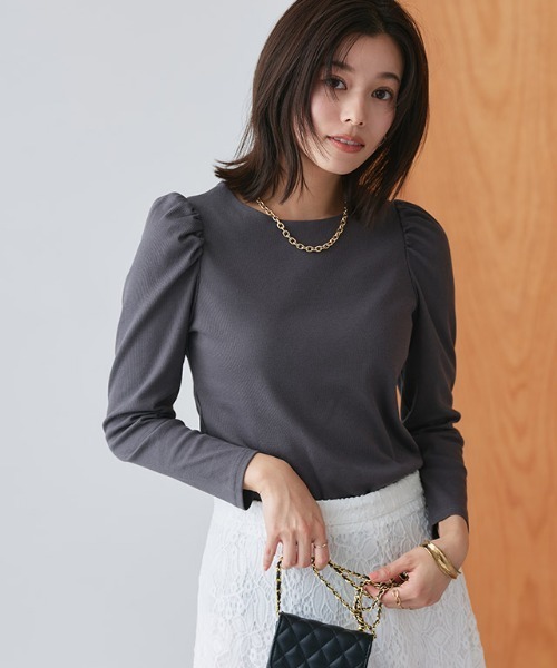 Pierrot（ピエロ）の「パフスリーブテレコリブカットソー（Tシャツ/カットソー・レディース・オフホワイト/ホワイト×ブラック/ブラック/ミント/サックスブルー/ネイビー/グリーン系その他/ブルー系その他/チャコールグレー・M/L）」の19枚目の写真