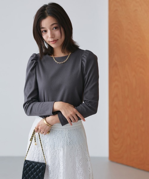 Pierrot（ピエロ）の「パフスリーブテレコリブカットソー（Tシャツ/カットソー・レディース・オフホワイト/ホワイト×ブラック/ブラック/ミント/サックスブルー/ネイビー/グリーン系その他/ブルー系その他/チャコールグレー・M/L）」の21枚目の写真