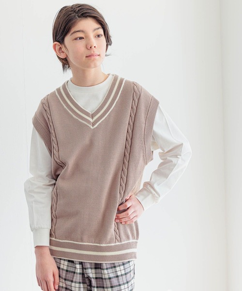 GLOBAL WORK(グローバルワーク)の「AND YUA ANY/ラインニットベストSET/261479(ベスト・キッズ・ベージュ/オフホワイト・150cm/160cm)」の3枚目の写真