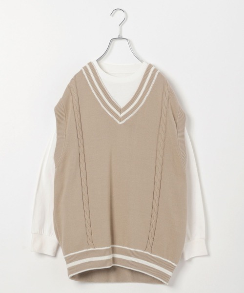 GLOBAL WORK(グローバルワーク)の「AND YUA ANY/ラインニットベストSET/261479(ベスト・キッズ・ベージュ/オフホワイト・150cm/160cm)」の7枚目の写真