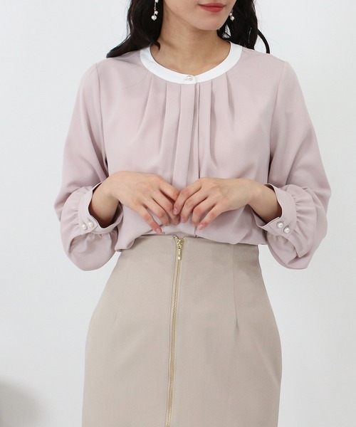 TRUDEA（トルディア）の「配色バンドカラー2WAYブラウス（シャツ/ブラウス・レディース・ホワイト/ミント/ピンクベージュ/ベージュ/ネイビー/チャコールグレー・MEDIUM/LARGE/SMALL）」の6枚目の写真