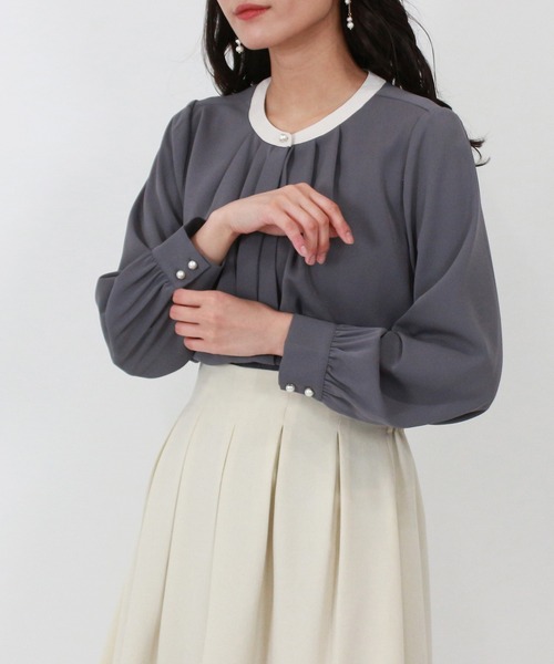 TRUDEA（トルディア）の「配色バンドカラー2WAYブラウス（シャツ/ブラウス・レディース・ホワイト/ミント/ピンクベージュ/ベージュ/ネイビー/チャコールグレー・MEDIUM/LARGE/SMALL）」の3枚目の写真