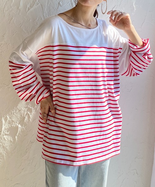 She's Closet(シーズクローゼット)の「ビッグシルエットバスクボーダー長袖プルオーバーロングTシャツ(Tシャツ/カットソー・レディース・ブラック/レッド/ブルー/グリーン・FREE)」の4枚目の写真