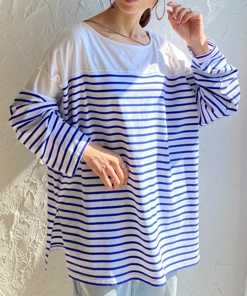 She's Closet(シーズクローゼット)の「ビッグシルエットバスクボーダー長袖プルオーバーロングTシャツ(Tシャツ/カットソー・レディース・ブラック/レッド/ブルー/グリーン・FREE)」の3枚目の写真