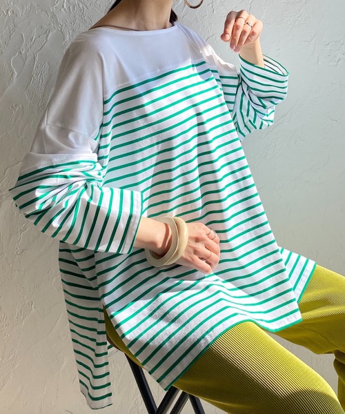 She's Closet(シーズクローゼット)の「ビッグシルエットバスクボーダー長袖プルオーバーロングTシャツ(Tシャツ/カットソー・レディース・ブラック/レッド/ブルー/グリーン・FREE)」の2枚目の写真