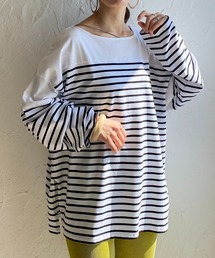 She's Closet（シーズクローゼット）の「ビッグシルエットバスクボーダー長袖プルオーバーロングTシャツ（Tシャツ/カットソー）」