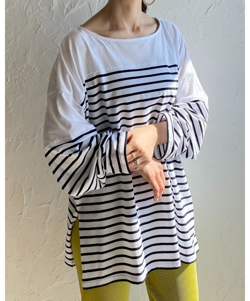 She's Closet(シーズクローゼット)の「ビッグシルエットバスクボーダー長袖プルオーバーロングTシャツ(Tシャツ/カットソー・レディース・ブラック/レッド/ブルー/グリーン・FREE)」の5枚目の写真