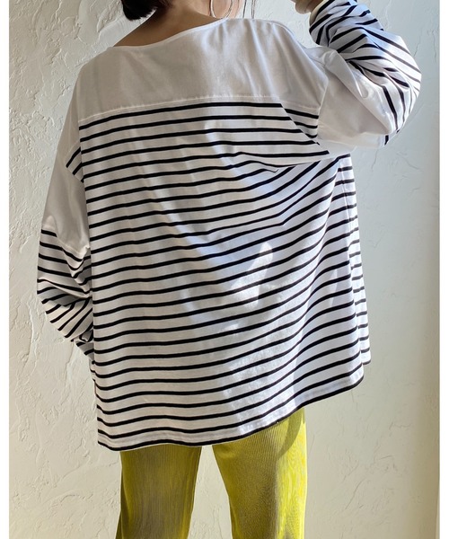 She's Closet(シーズクローゼット)の「ビッグシルエットバスクボーダー長袖プルオーバーロングTシャツ(Tシャツ/カットソー・レディース・ブラック/レッド/ブルー/グリーン・FREE)」の7枚目の写真