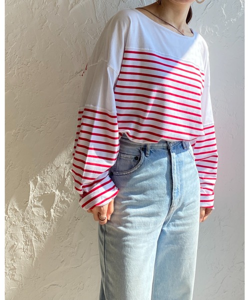 She's Closet(シーズクローゼット)の「ビッグシルエットバスクボーダー長袖プルオーバーロングTシャツ(Tシャツ/カットソー・レディース・ブラック/レッド/ブルー/グリーン・FREE)」の9枚目の写真