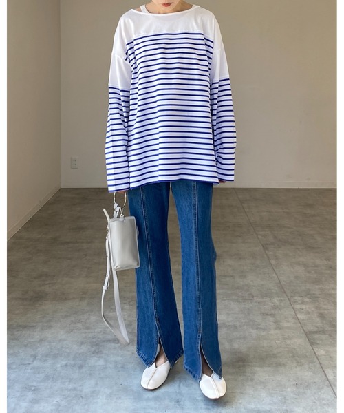 She's Closet(シーズクローゼット)の「ビッグシルエットバスクボーダー長袖プルオーバーロングTシャツ(Tシャツ/カットソー・レディース・ブラック/レッド/ブルー/グリーン・FREE)」の11枚目の写真