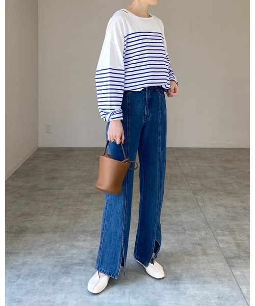 She's Closet(シーズクローゼット)の「ビッグシルエットバスクボーダー長袖プルオーバーロングTシャツ(Tシャツ/カットソー・レディース・ブラック/レッド/ブルー/グリーン・FREE)」の14枚目の写真