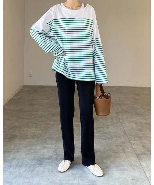 She's Closet(シーズクローゼット)の「ビッグシルエットバスクボーダー長袖プルオーバーロングTシャツ(Tシャツ/カットソー・レディース・ブラック/レッド/ブルー/グリーン・FREE)」の16枚目の写真