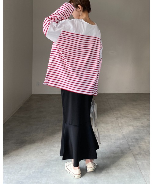 She's Closet(シーズクローゼット)の「ビッグシルエットバスクボーダー長袖プルオーバーロングTシャツ(Tシャツ/カットソー・レディース・ブラック/レッド/ブルー/グリーン・FREE)」の19枚目の写真