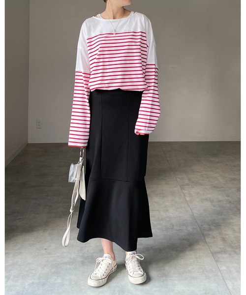 She's Closet(シーズクローゼット)の「ビッグシルエットバスクボーダー長袖プルオーバーロングTシャツ(Tシャツ/カットソー・レディース・ブラック/レッド/ブルー/グリーン・FREE)」の20枚目の写真