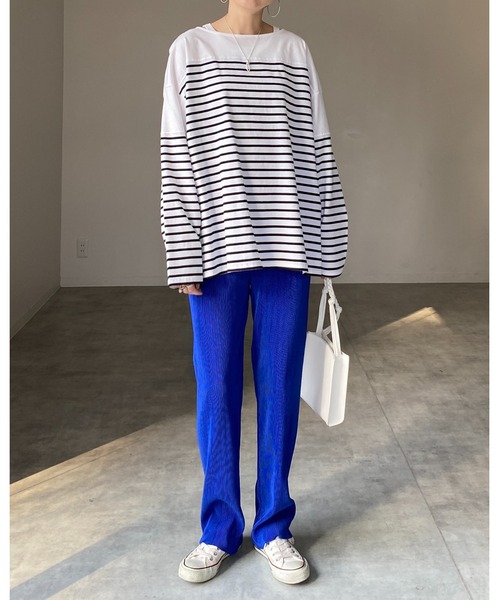 She's Closet(シーズクローゼット)の「ビッグシルエットバスクボーダー長袖プルオーバーロングTシャツ(Tシャツ/カットソー・レディース・ブラック/レッド/ブルー/グリーン・FREE)」の21枚目の写真