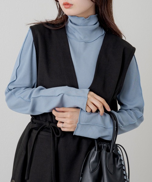 Kastane（カスタネ）の「テレコメロウハイネックロンT（Tシャツ/カットソー・レディース・グリーン/ブルー/ブラック/アイボリー/グレイッシュベージュ・FREE）」の6枚目の写真