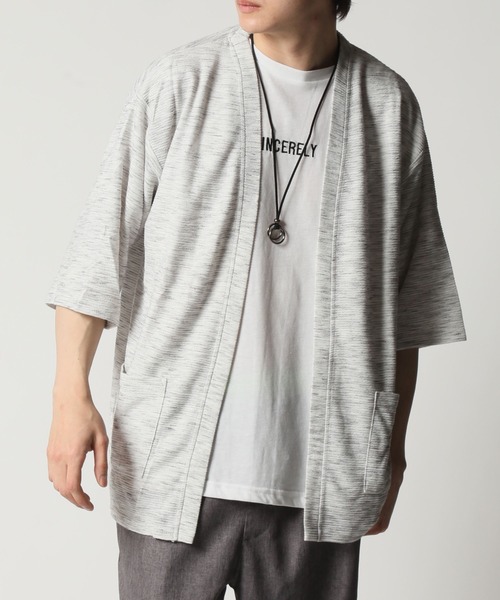 ARCADE（アーケード）の「3点セット / 五分袖カーディガン×半袖プリントTシャツ×リングネックレス LOCK HEAVEN（カーディガン/ボレロ・メンズ・ホワイト/ネイビー/ブラック・L/M）」の2枚目の写真