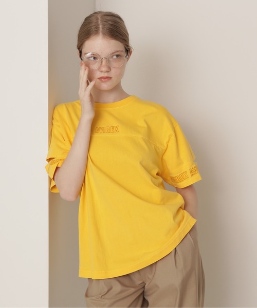 AVIREX（アヴィレックス）の「FADE WASH CUFFS OPEN EMBROIDERY TOPS/フェイドウォッシュ カフスオープン刺繍トップス（Tシャツ/カットソー・レディース・チャコールグレー/ラベンダー/オフホワイト/イエロー/ピンク/その他26/その他3/オレンジ/ミント・FREE/F）」の5枚目の写真