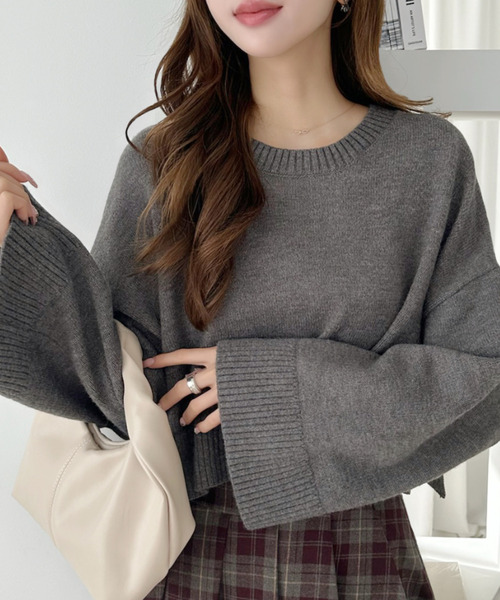 セール】袖口ワイドクロップド丈ショートニット（ニット/セーター