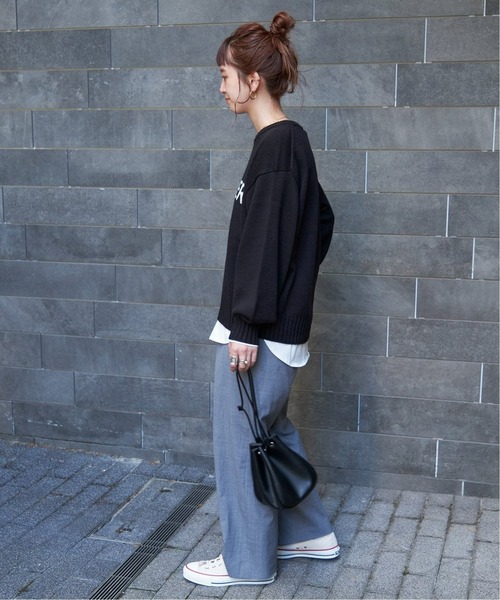 B.C STOCK（ベーセーストック）の「《追加》ロゴインターシャプルオーバー（ニット/セーター・レディース・ブラック/チャコールグレー/グリーン・FREE）」の5枚目の写真