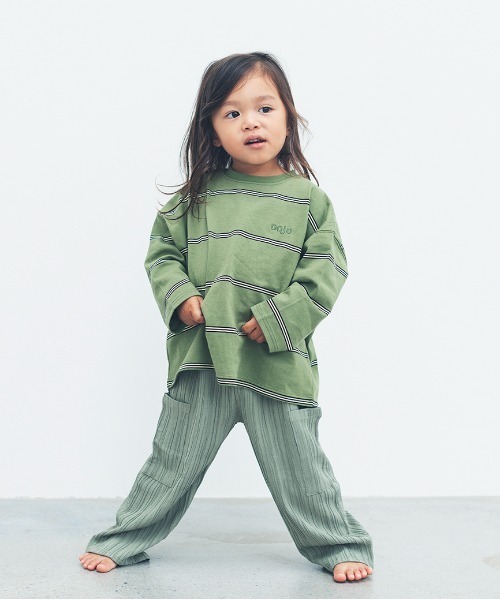 ooju（オージュ）の「【ooju】ボーダーロングTシャツ（Tシャツ/カットソー・キッズ・チャコールグレー/ホワイト/グリーン・1/2/3/4）」の13枚目の写真