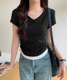 フェイクレイヤードVネック綿Tシャツ