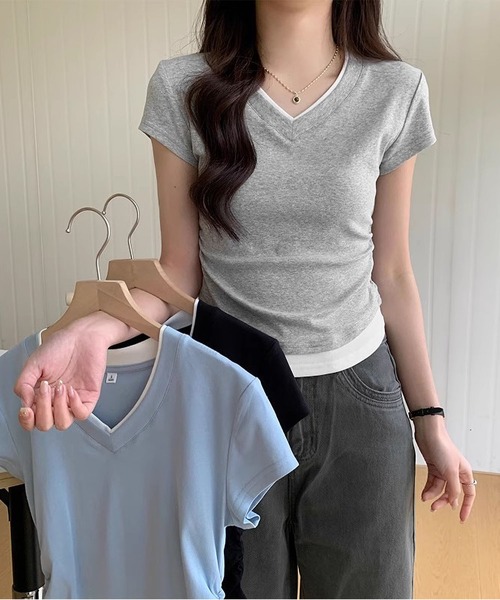 MAISON DE THERESE(メゾン ド テレーズ)の「フェイクレイヤードVネック綿Tシャツ(Tシャツ/カットソー・レディース・グレー/ブルー/ブラック・S/M/L)」の11枚目の写真