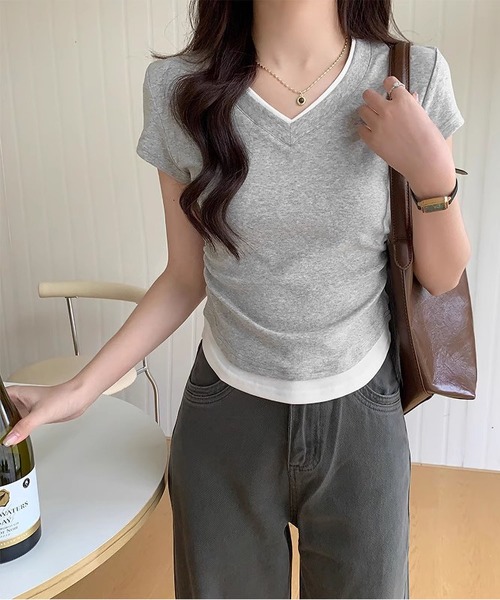 MAISON DE THERESE(メゾン ド テレーズ)の「フェイクレイヤードVネック綿Tシャツ(Tシャツ/カットソー・レディース・グレー/ブルー/ブラック・S/M/L)」の10枚目の写真