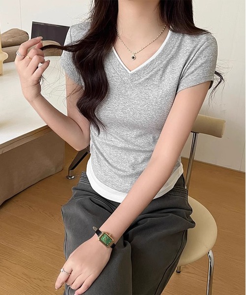 MAISON DE THERESE(メゾン ド テレーズ)の「フェイクレイヤードVネック綿Tシャツ(Tシャツ/カットソー・レディース・グレー/ブルー/ブラック・S/M/L)」の13枚目の写真