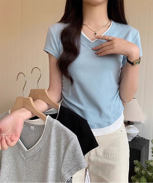MAISON DE THERESE(メゾン ド テレーズ)の「フェイクレイヤードVネック綿Tシャツ(Tシャツ/カットソー・レディース・グレー/ブルー/ブラック・S/M/L)」の18枚目の写真