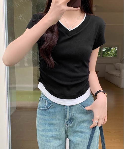 MAISON DE THERESE(メゾン ド テレーズ)の「フェイクレイヤードVネック綿Tシャツ(Tシャツ/カットソー・レディース・グレー/ブルー/ブラック・S/M/L)」の7枚目の写真