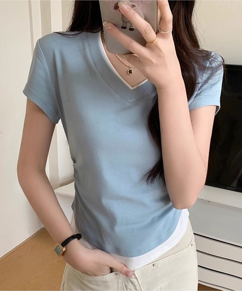 MAISON DE THERESE(メゾン ド テレーズ)の「フェイクレイヤードVネック綿Tシャツ(Tシャツ/カットソー・レディース・グレー/ブルー/ブラック・S/M/L)」の15枚目の写真