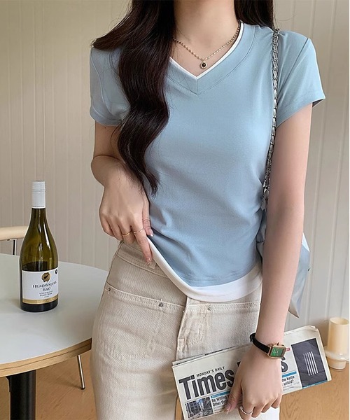 MAISON DE THERESE(メゾン ド テレーズ)の「フェイクレイヤードVネック綿Tシャツ(Tシャツ/カットソー・レディース・グレー/ブルー/ブラック・S/M/L)」の20枚目の写真