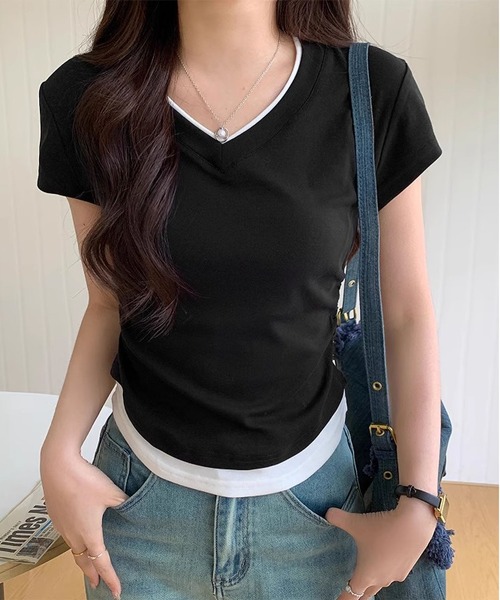 MAISON DE THERESE(メゾン ド テレーズ)の「フェイクレイヤードVネック綿Tシャツ(Tシャツ/カットソー・レディース・グレー/ブルー/ブラック・S/M/L)」の6枚目の写真