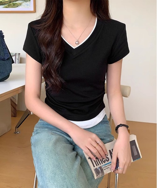MAISON DE THERESE(メゾン ド テレーズ)の「フェイクレイヤードVネック綿Tシャツ(Tシャツ/カットソー・レディース・グレー/ブルー/ブラック・S/M/L)」の8枚目の写真