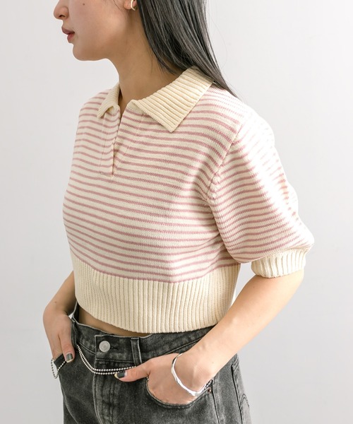 mline（エムライン）の「【4色展開】[mline]バックロゴボーダートップス（Tシャツ/カットソー・レディース・ピンク/グリーン/ブラック/アイボリー・FREE）」の4枚目の写真