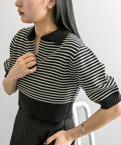 mline（エムライン）の「【4色展開】[mline]バックロゴボーダートップス（Tシャツ/カットソー・レディース・ピンク/グリーン/ブラック/アイボリー・FREE）」の3枚目の写真