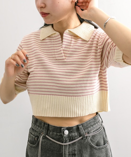 mline（エムライン）の「【4色展開】[mline]バックロゴボーダートップス（Tシャツ/カットソー・レディース・ピンク/グリーン/ブラック/アイボリー・FREE）」の12枚目の写真