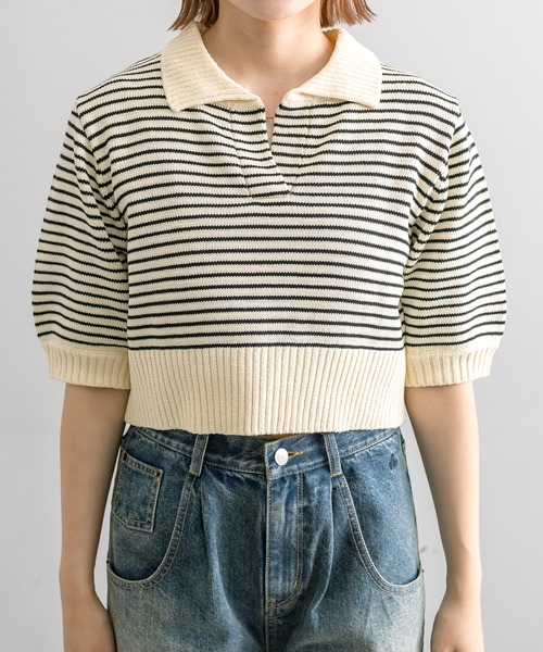 mline（エムライン）の「【4色展開】[mline]バックロゴボーダートップス（Tシャツ/カットソー・レディース・ピンク/グリーン/ブラック/アイボリー・FREE）」の6枚目の写真