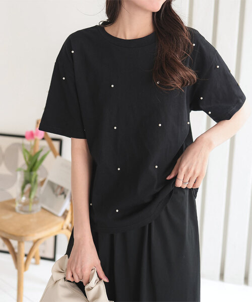 KOBE LETTUCE(コウベレタス)の「パールorビジューTシャツ(Tシャツ/カットソー・レディース・グレー系その他/ブラック/ブラック系その他/チャコールグレー/オフホワイト/ホワイト系その他・M)」の1枚目の写真