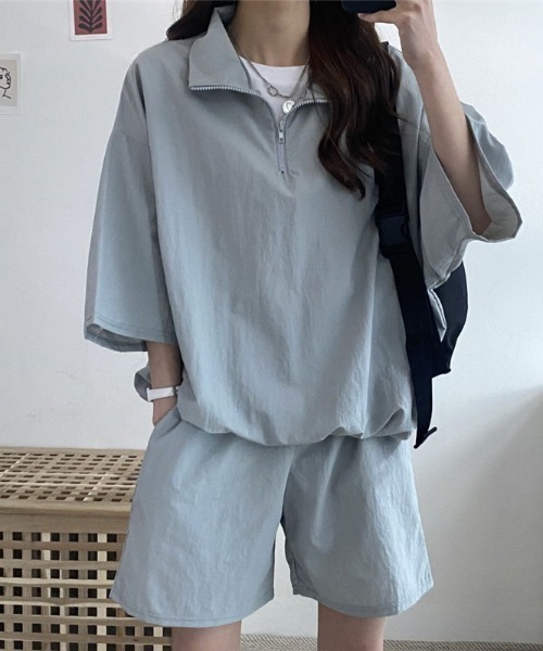 N.s（エヌドットエス）の「ハーフジップトップス＋ショートパンツセットアップ（セットアップ・レディース・グリーン/グレー/ピンク/ブラック・FREE）」の3枚目の写真
