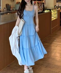 ティアード ロング ヘンリーネックキャミフレアワンピース