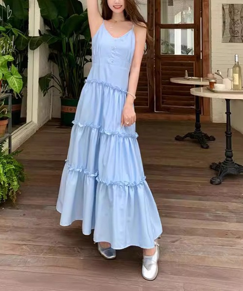 Teem Store（チームストア）の「ティアード ロング ヘンリーネックキャミフレアワンピース（ワンピース・レディース・ブルー/ピンク/ホワイト・F）」の15枚目の写真