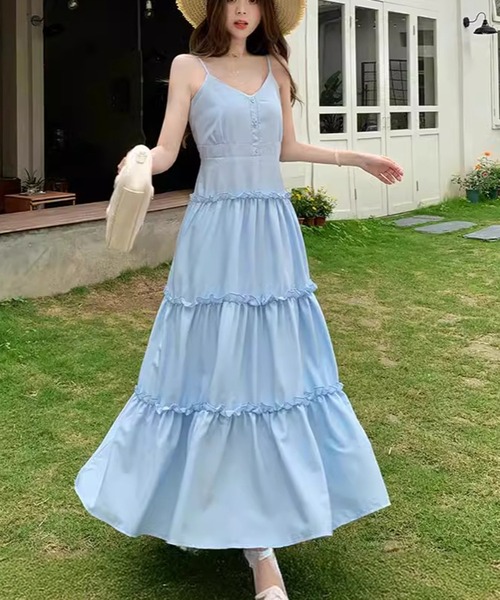 Teem Store（チームストア）の「ティアード ロング ヘンリーネックキャミフレアワンピース（ワンピース・レディース・ブルー/ピンク/ホワイト・F）」の18枚目の写真